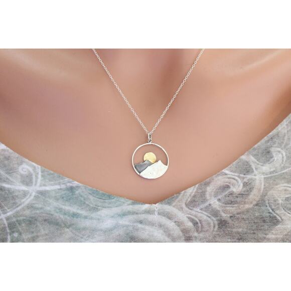 Large Sterling Silver Mountain Sunset Pendant with Bronze Sun - Picture 2 of 4